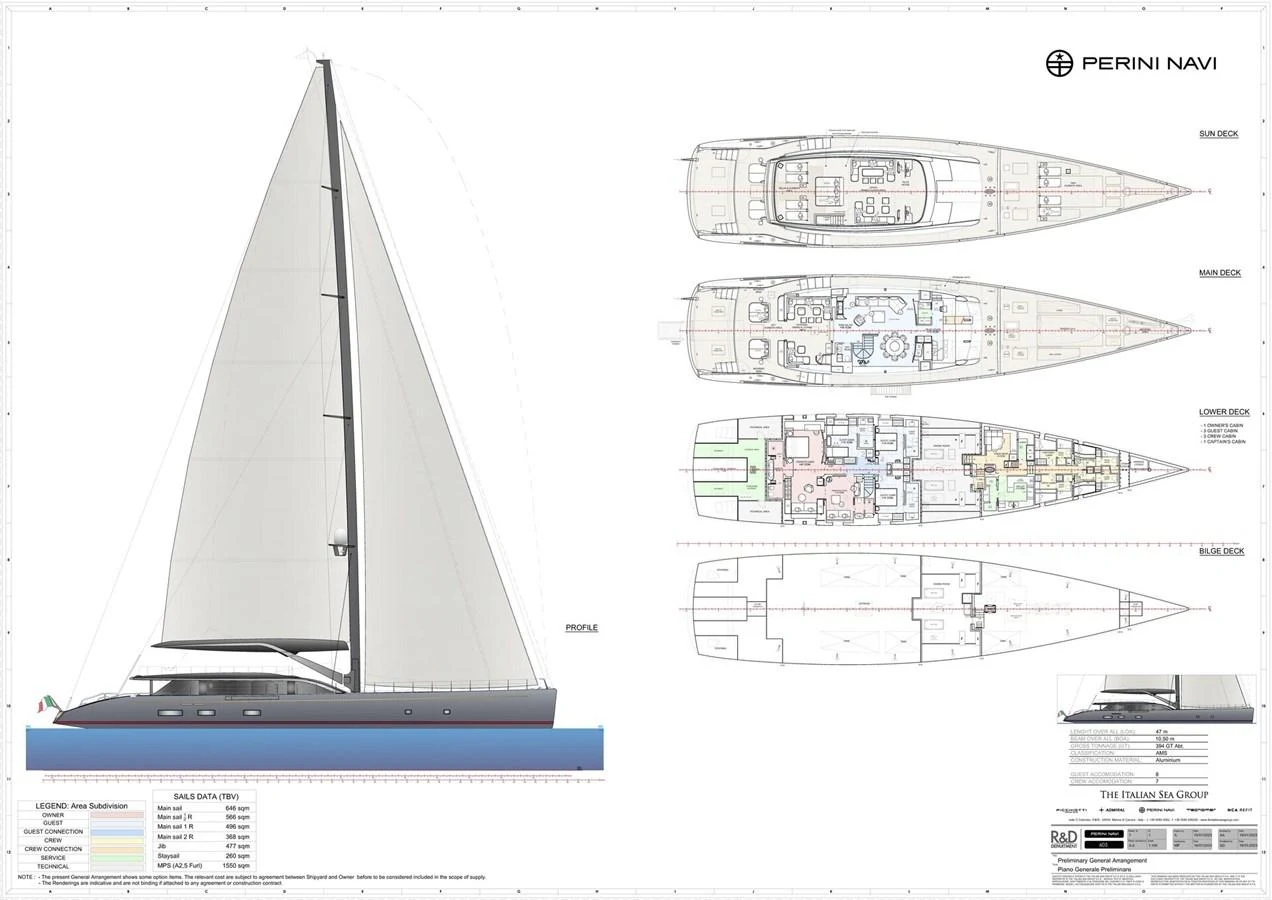 diagram, engineering drawing aboard PERINI 47M Yacht for Sale