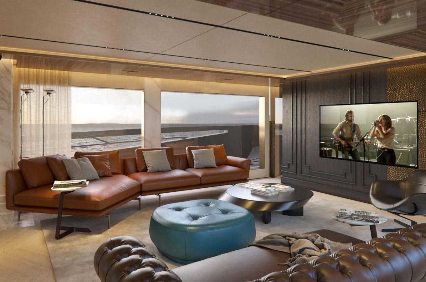 a living room with a large screen aboard EVO 120 Yacht for Sale