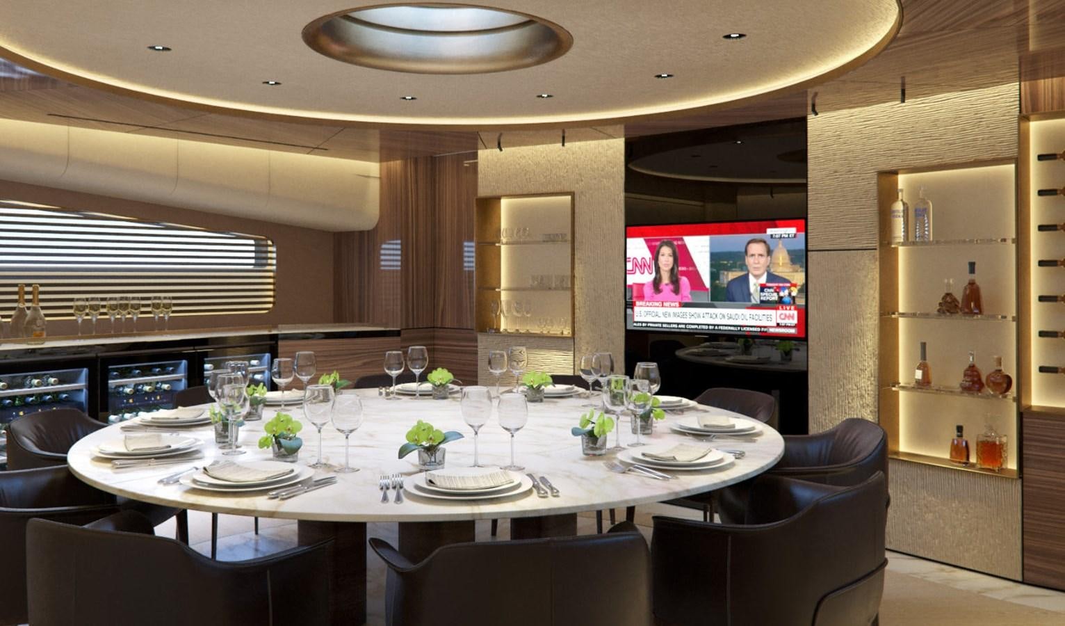 a table with plates and glasses aboard EVO 120 Yacht for Sale