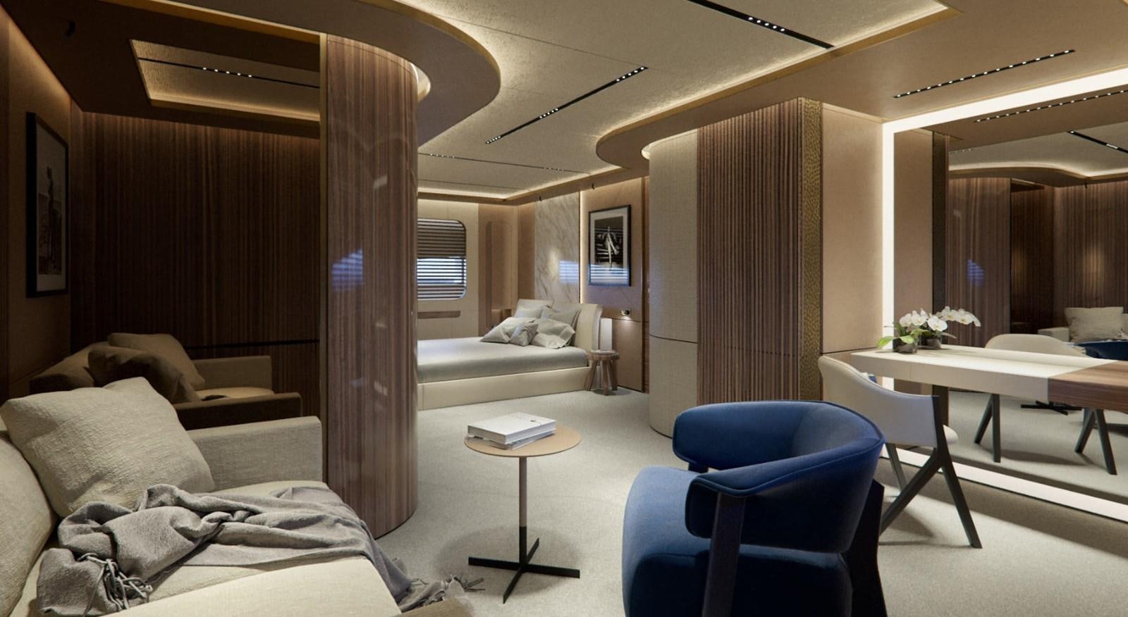 a room with a bed and a desk aboard EVO 120 Yacht for Sale