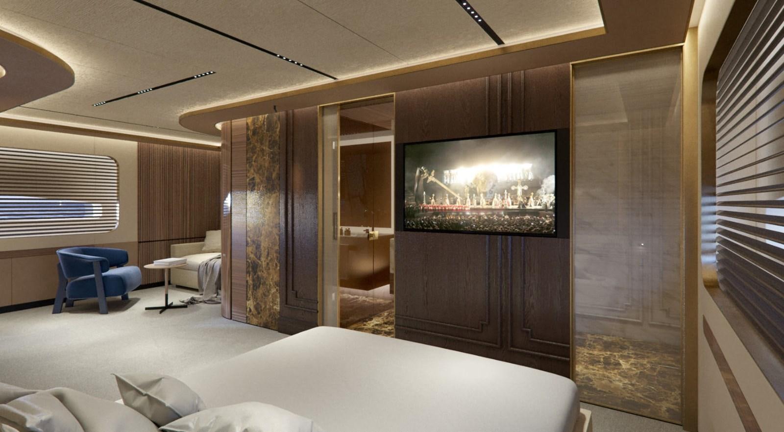 a room with a tv and a bed aboard EVO 120 Yacht for Sale