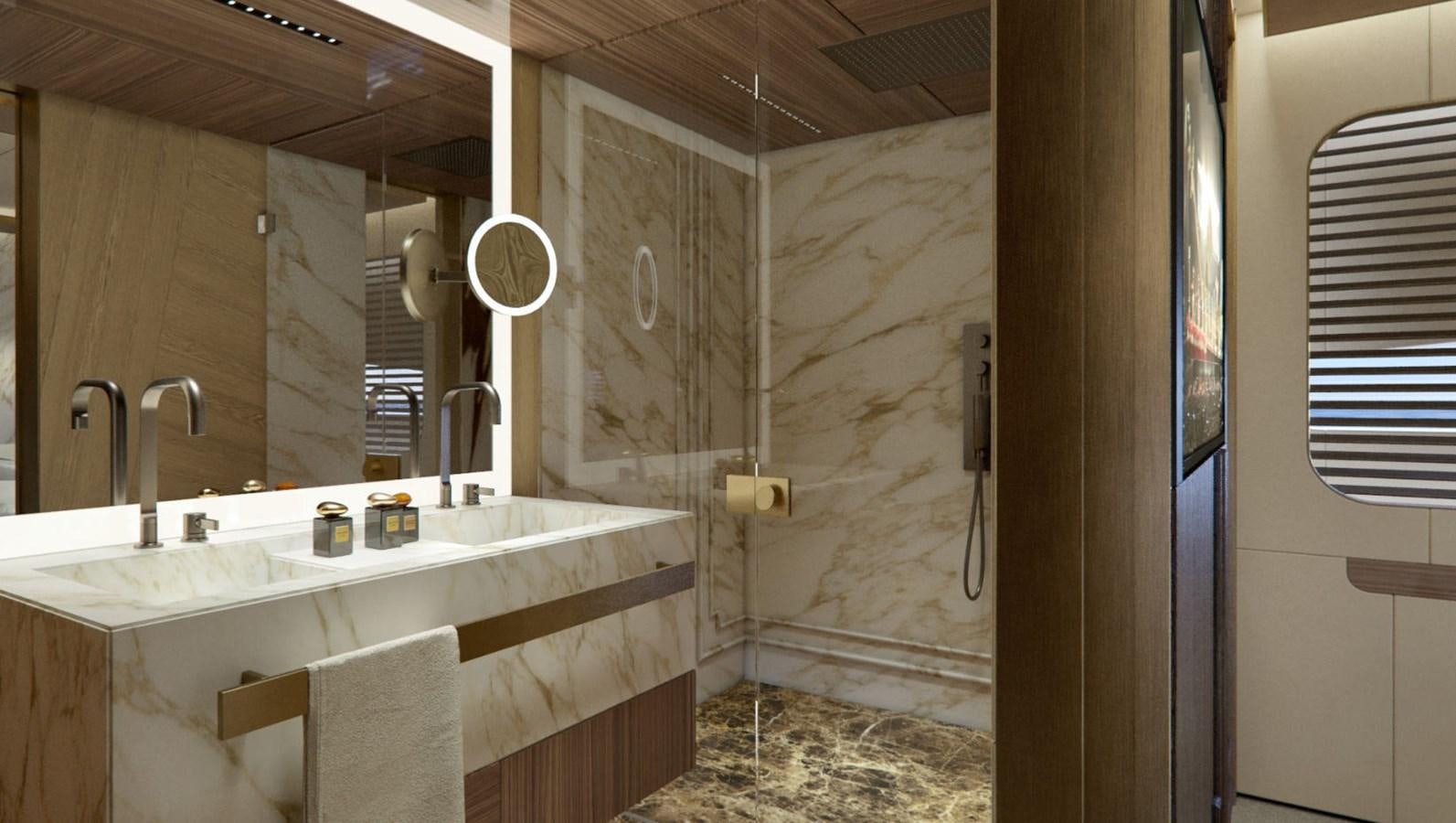 a bathroom with a large mirror aboard EVO 120 Yacht for Sale