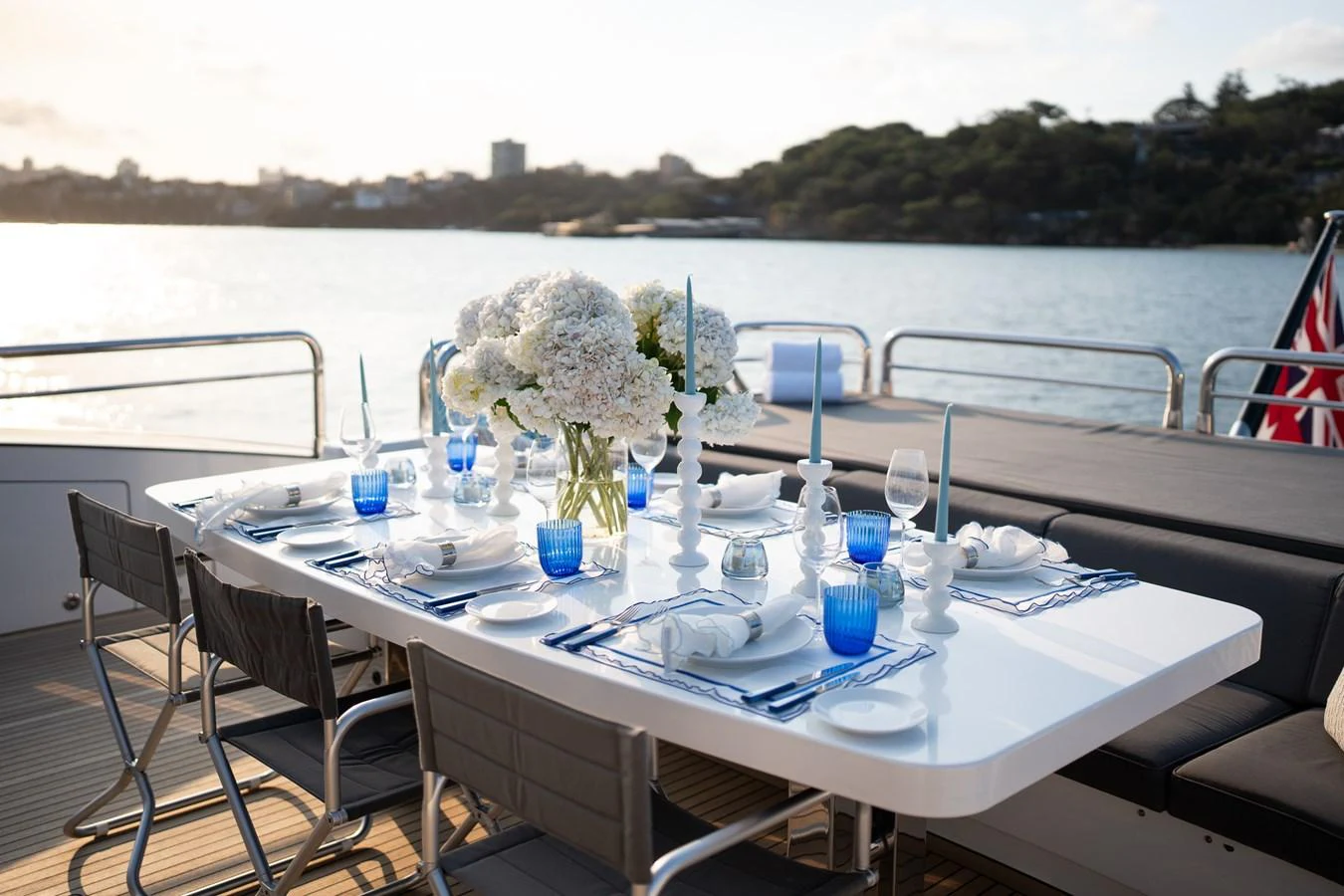 a table set for a dinner aboard QUANTUM Yacht for Sale
