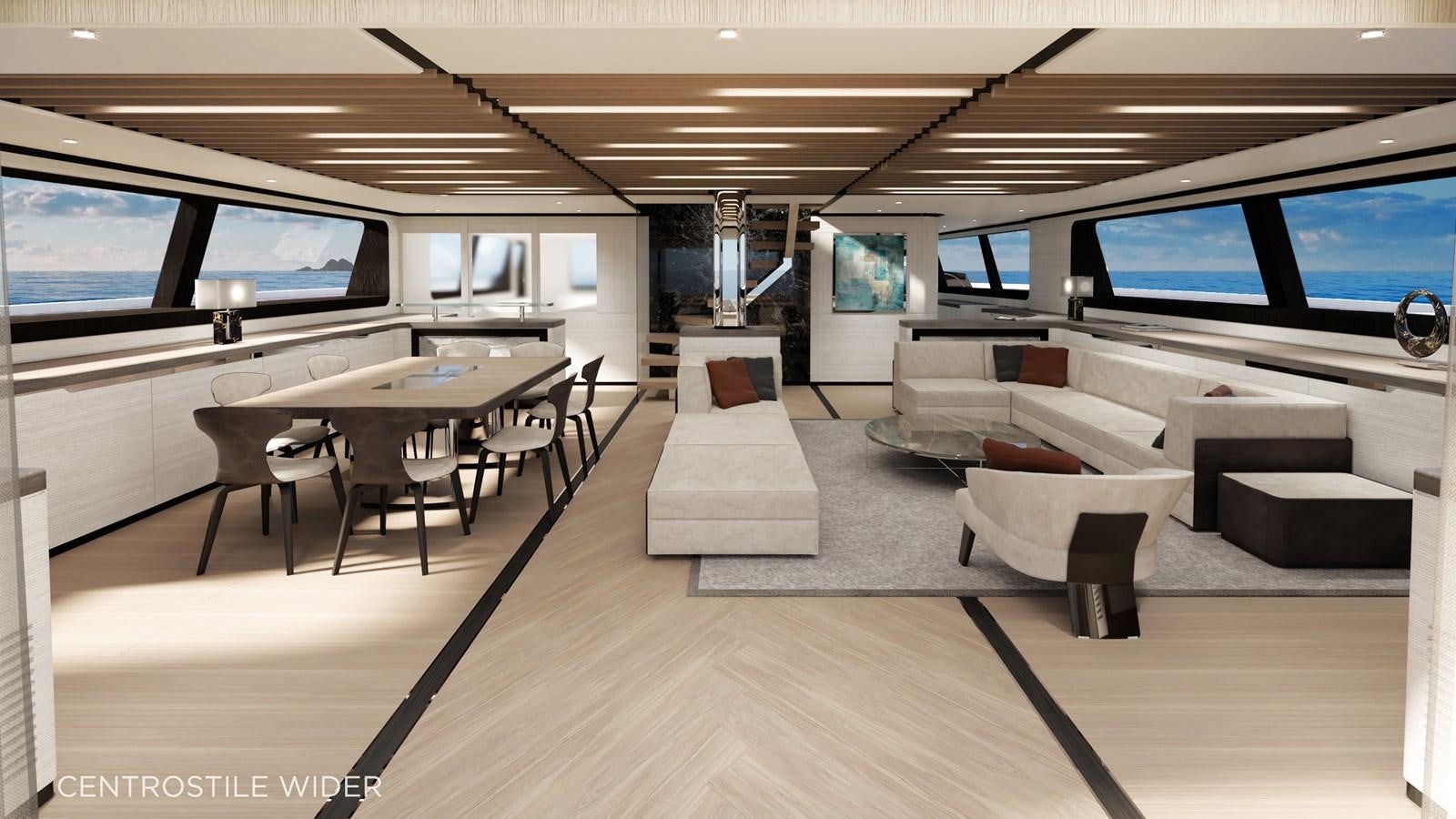 a room with a table and chairs aboard ECO YACHT 115' Yacht for Sale