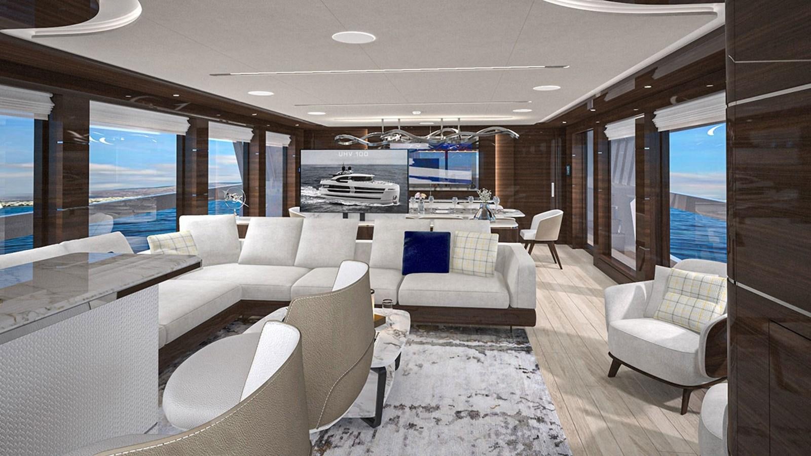 a room with a couch and chairs aboard UHV 87 Yacht for Sale