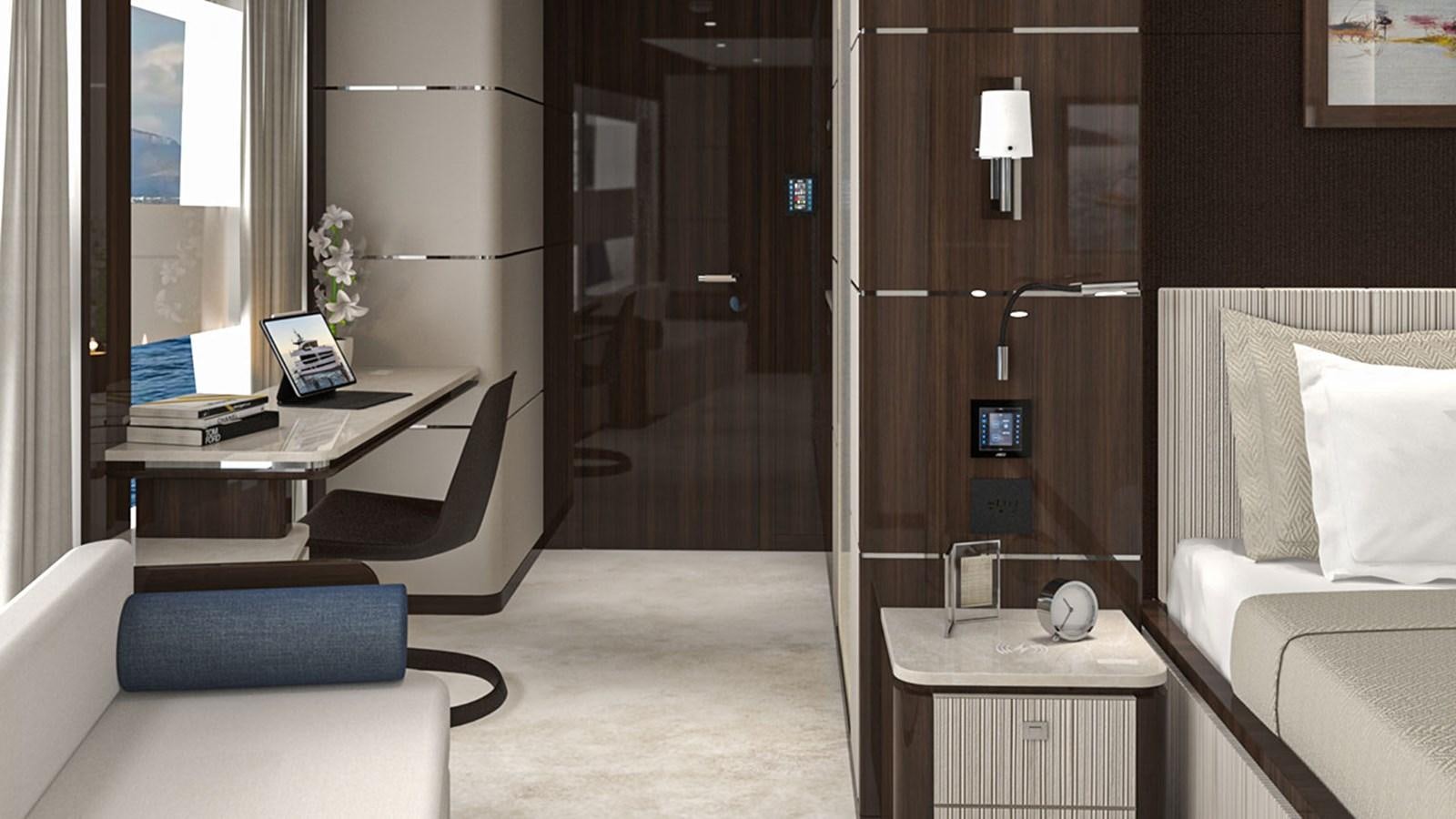 a room with a bed and desk aboard UHV 87 Yacht for Sale