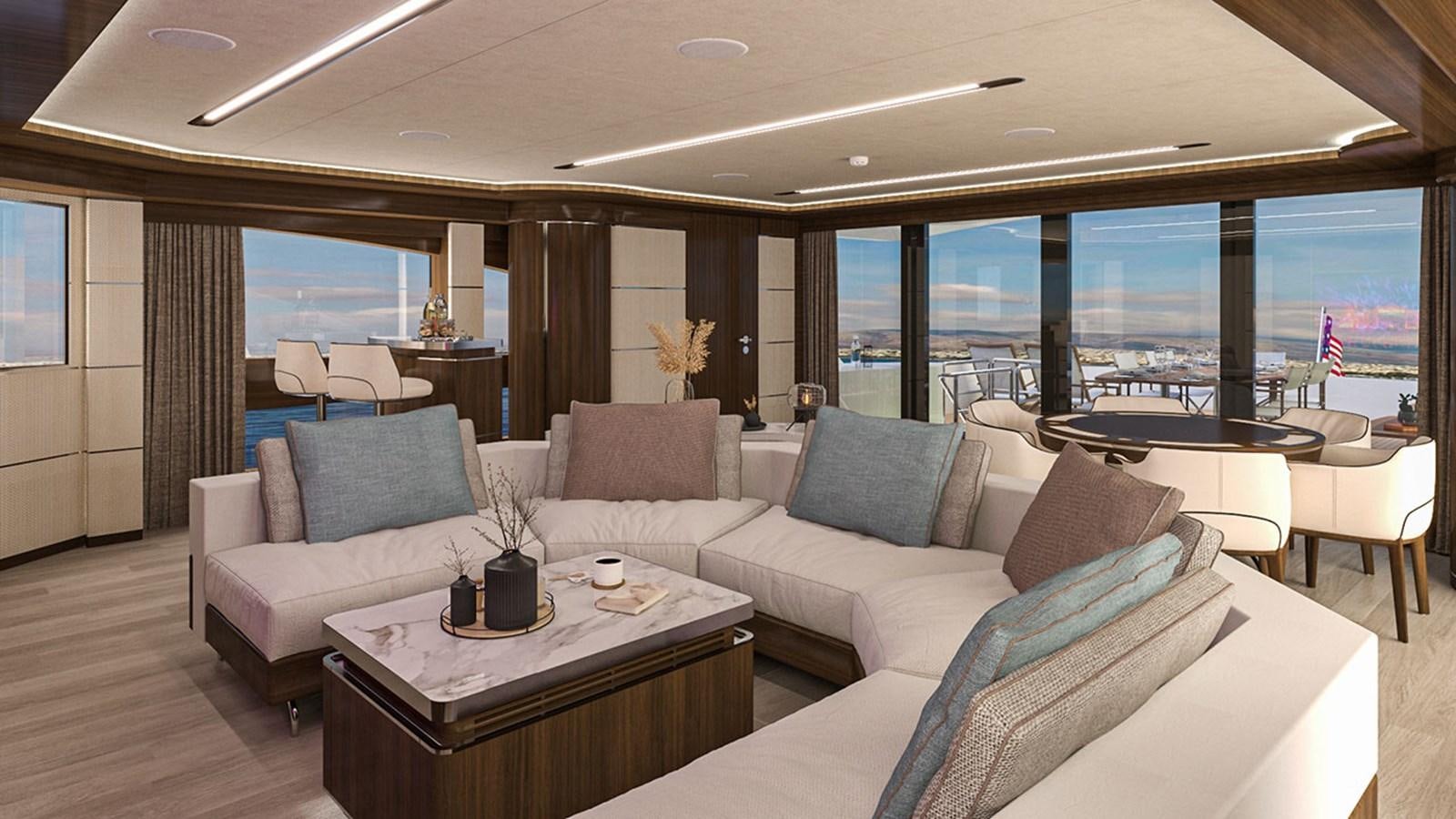 a living room with a large window aboard UHV 87 Yacht for Sale