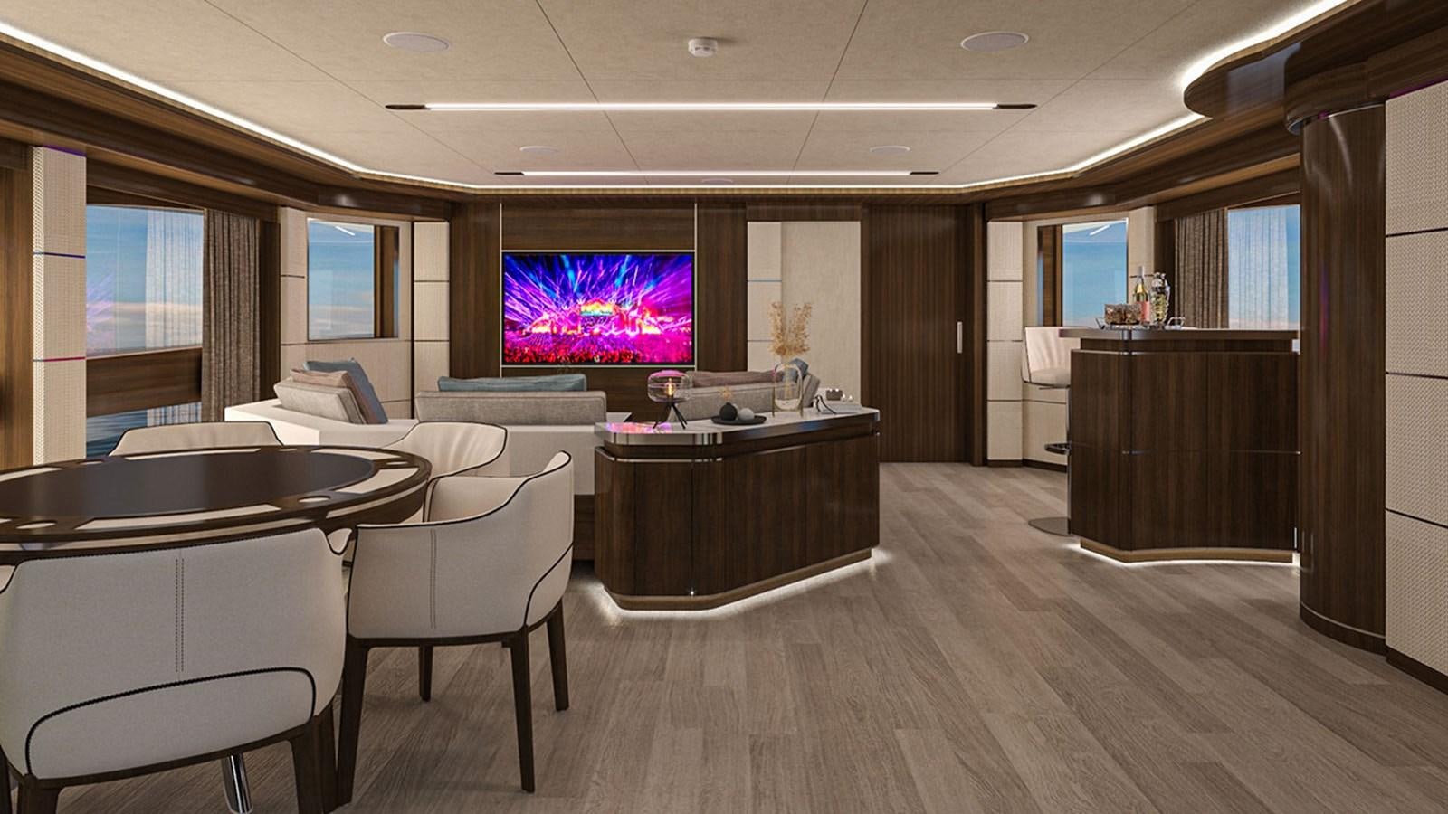 a room with a table and chairs aboard UHV 87 Yacht for Sale