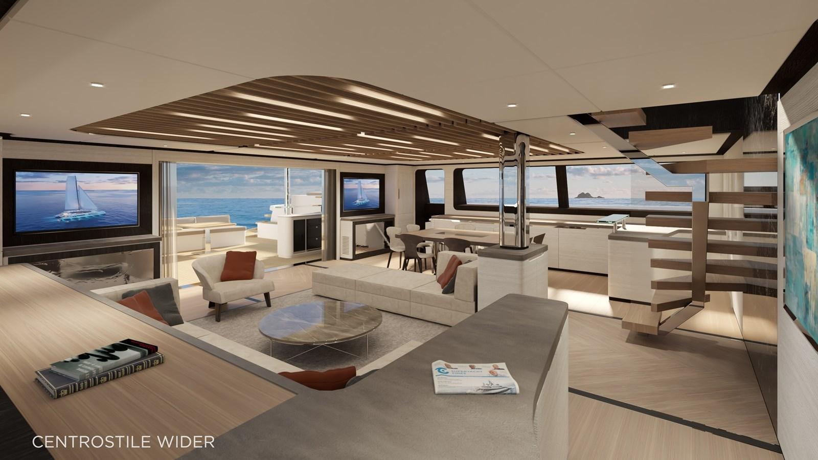 a room with a large screen and a large window aboard ECO  112 POWER Yacht for Sale