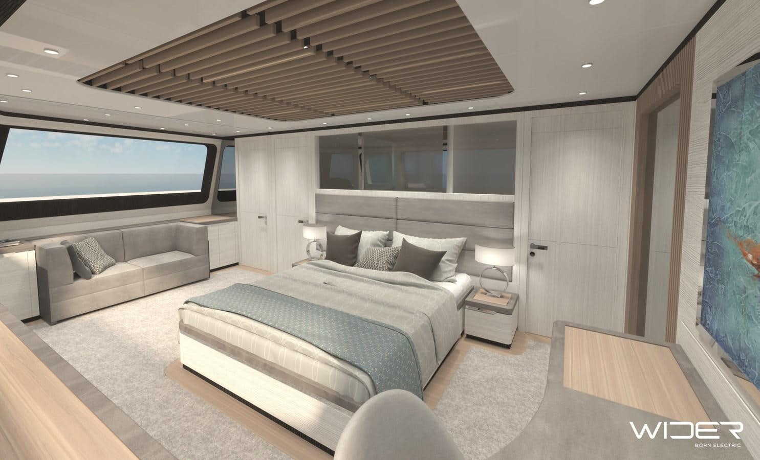 a room with a bed and a couch aboard ECO  112 POWER Yacht for Sale