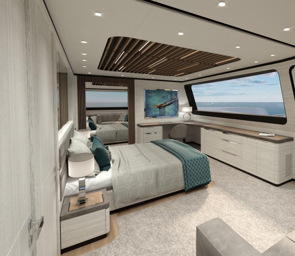 a bedroom with a bed and a television aboard ECO YACHT 90' Yacht for Sale