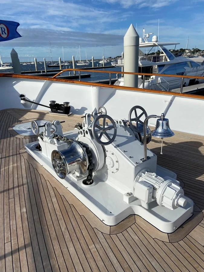 a large metal object on a deck aboard BUCKPASSER Yacht for Sale
