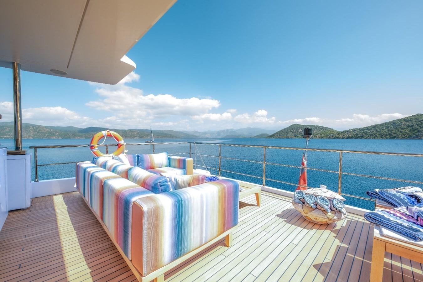 a deck with a view of the ocean and a large blue sky aboard AFRICA ONE Yacht for Sale