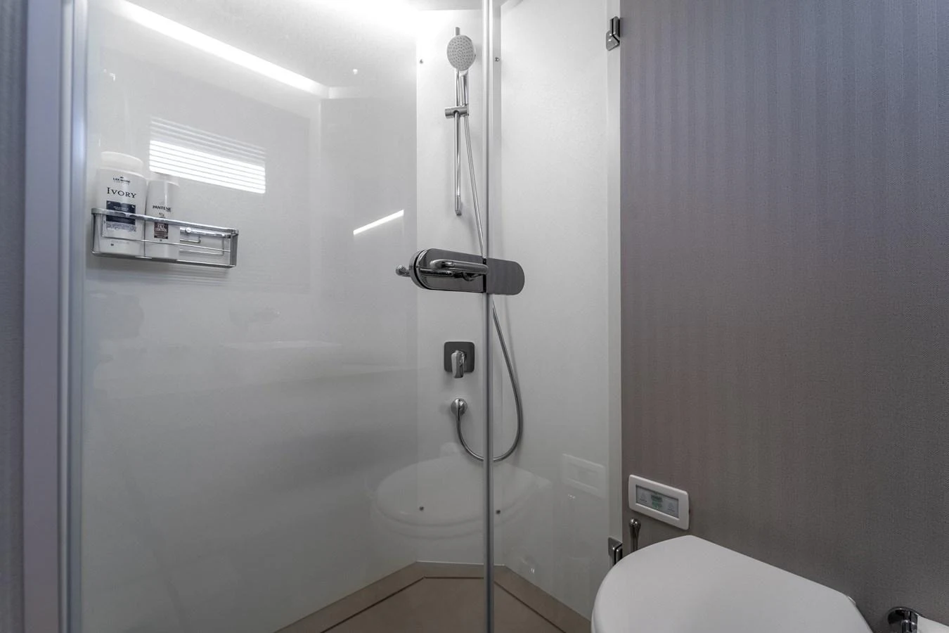 a shower unit in a bathroom aboard EXIT STRATEGY Yacht for Sale