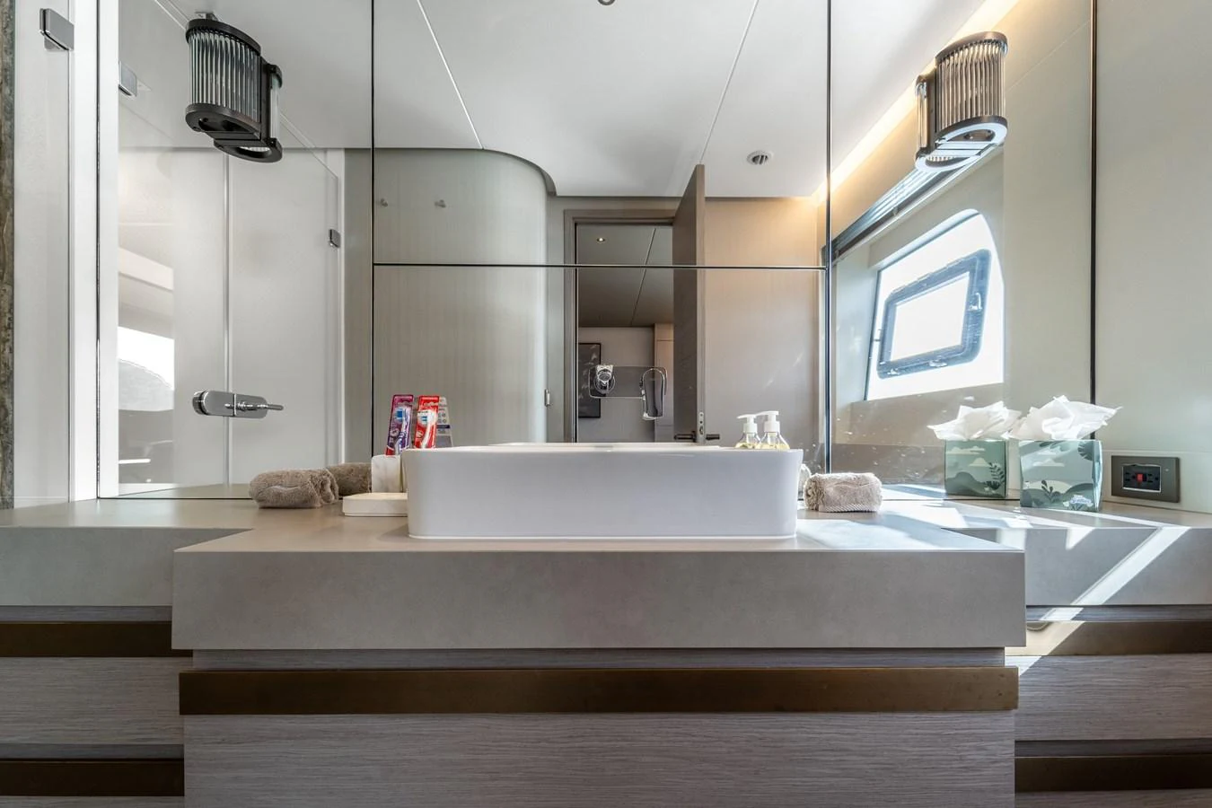 a bathroom with a large sink aboard EXIT STRATEGY Yacht for Sale
