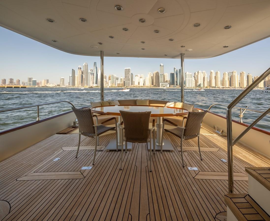 a deck with a view of a city and water aboard ANTALYA Yacht for Sale