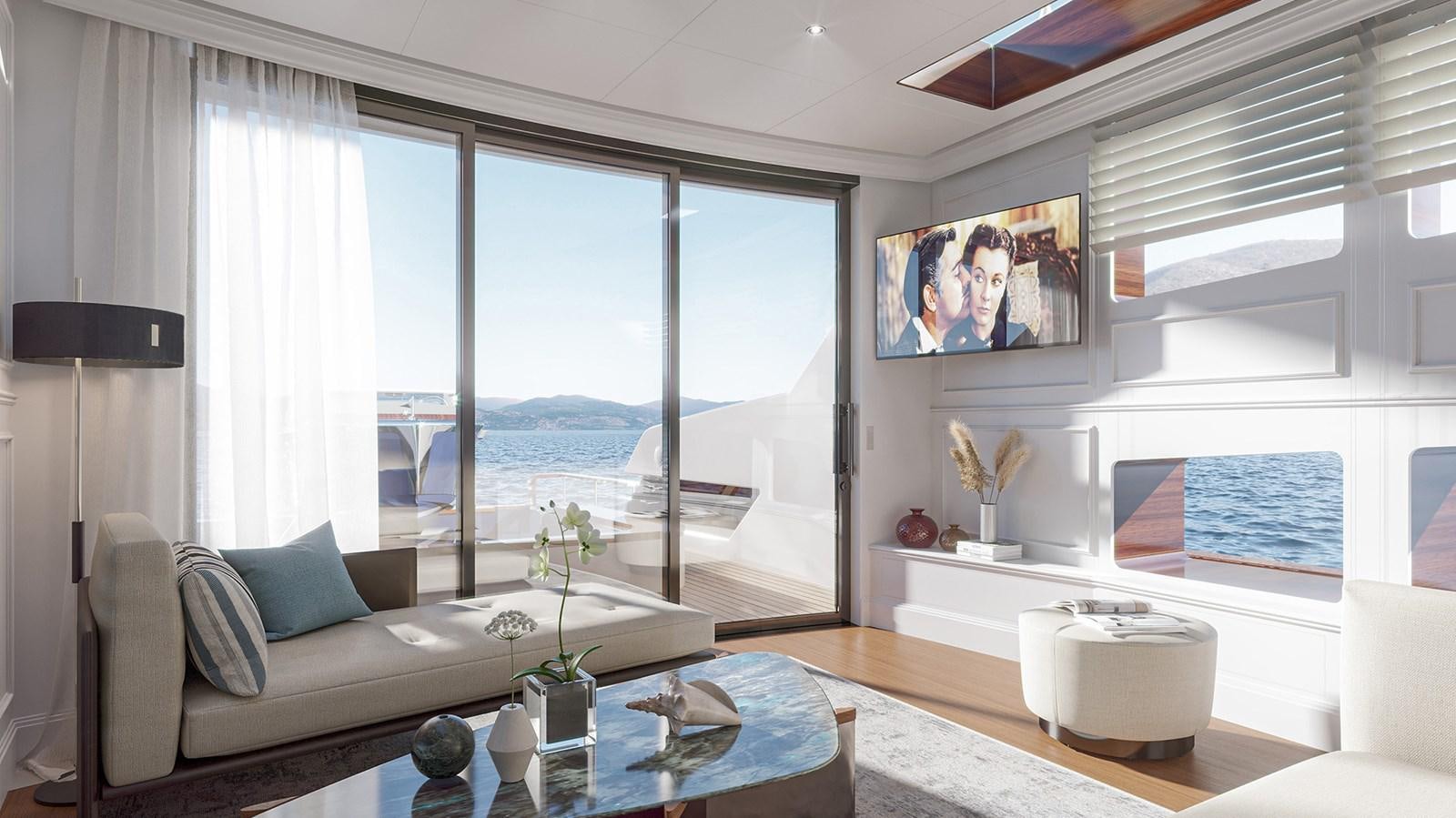 a living room with a large window aboard GENTLEMAN 24M Yacht for Sale