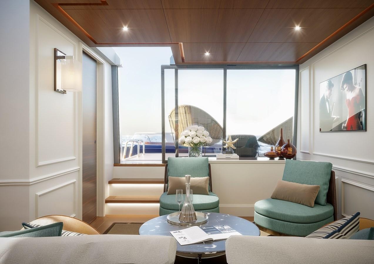 a living room with a large window aboard GENTLEMAN 24M Yacht for Sale