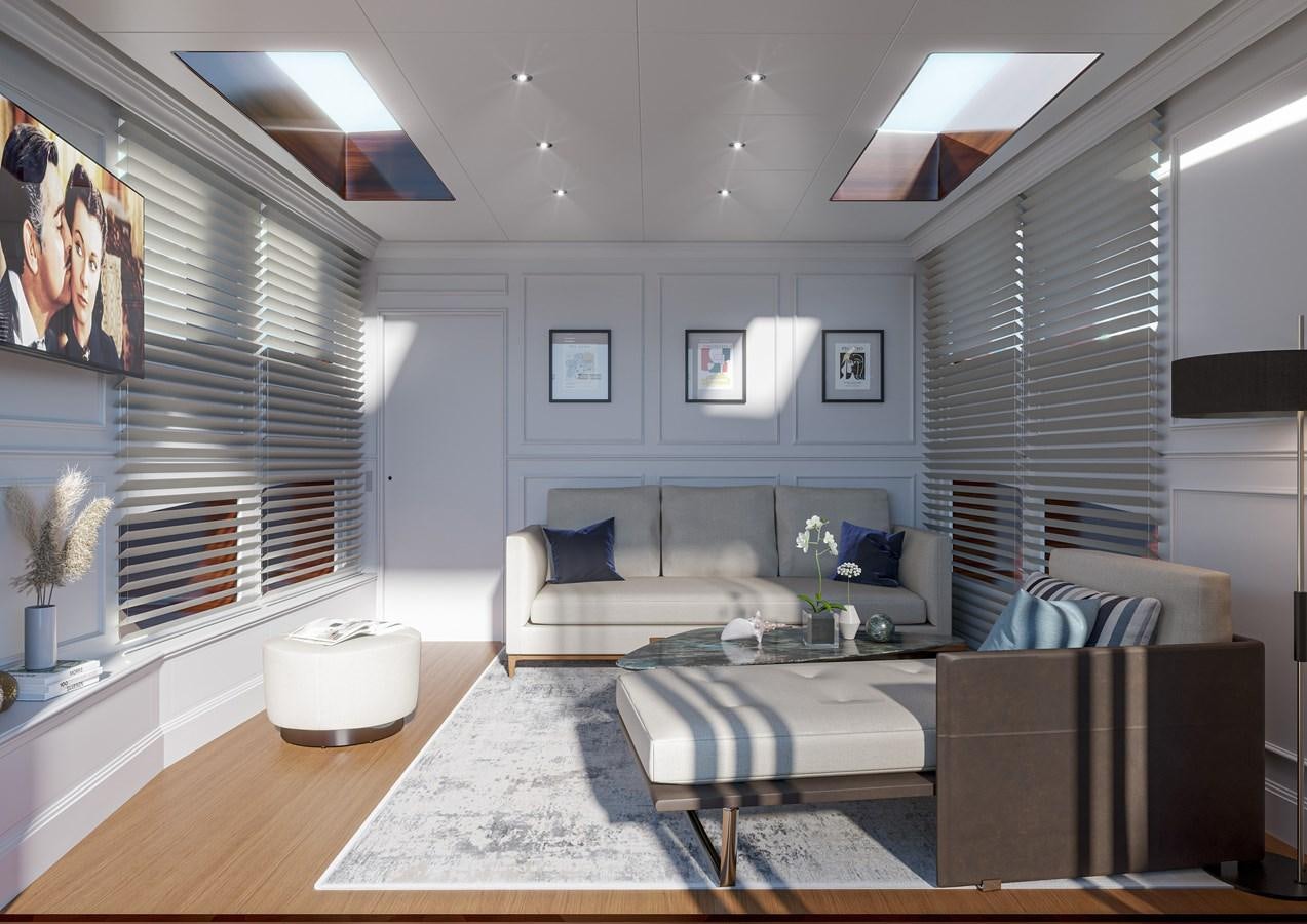 a living room with a large window aboard GENTLEMAN 24M Yacht for Sale