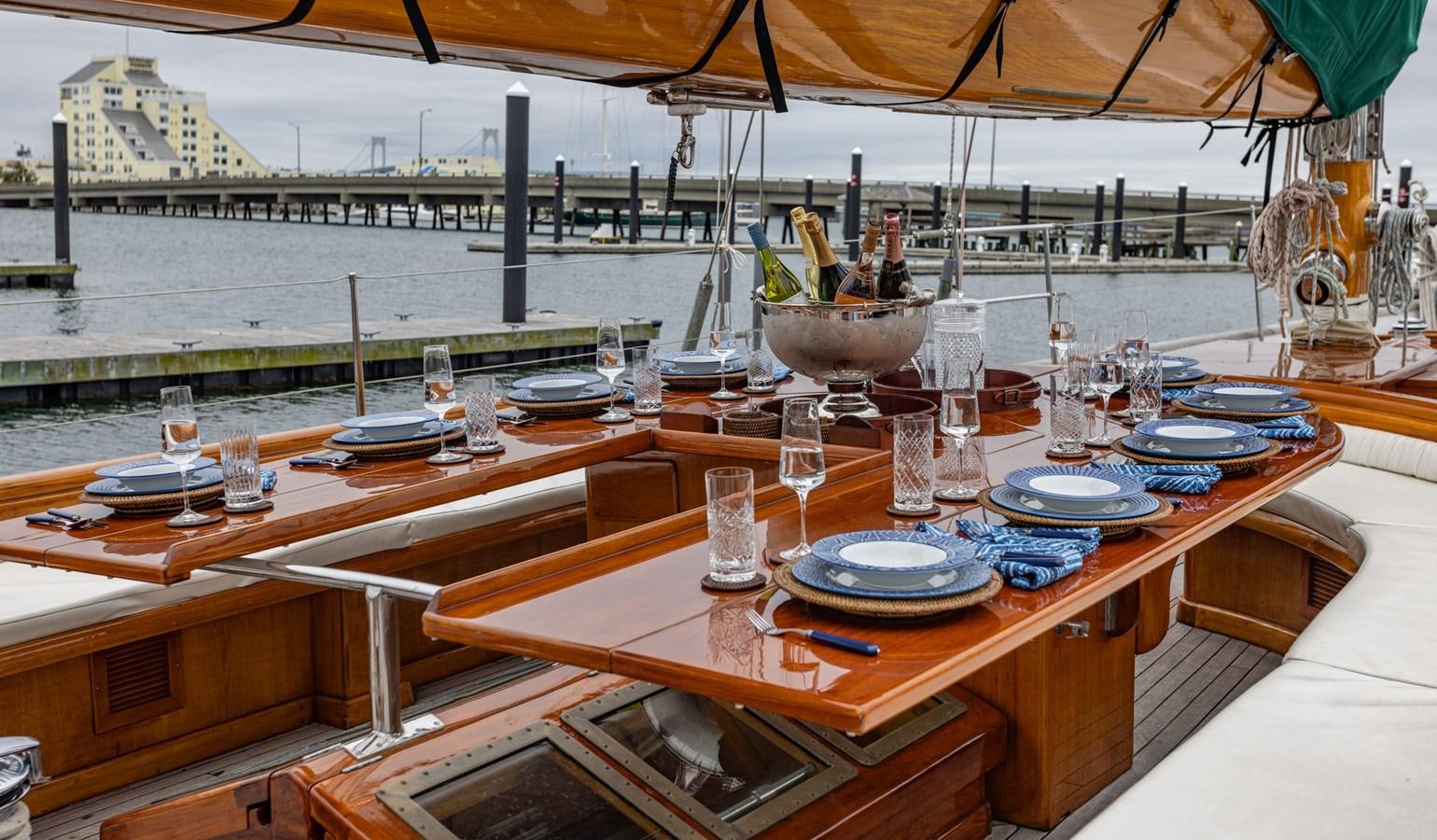a table with plates and glasses on it aboard HERMITAGE Yacht for Sale