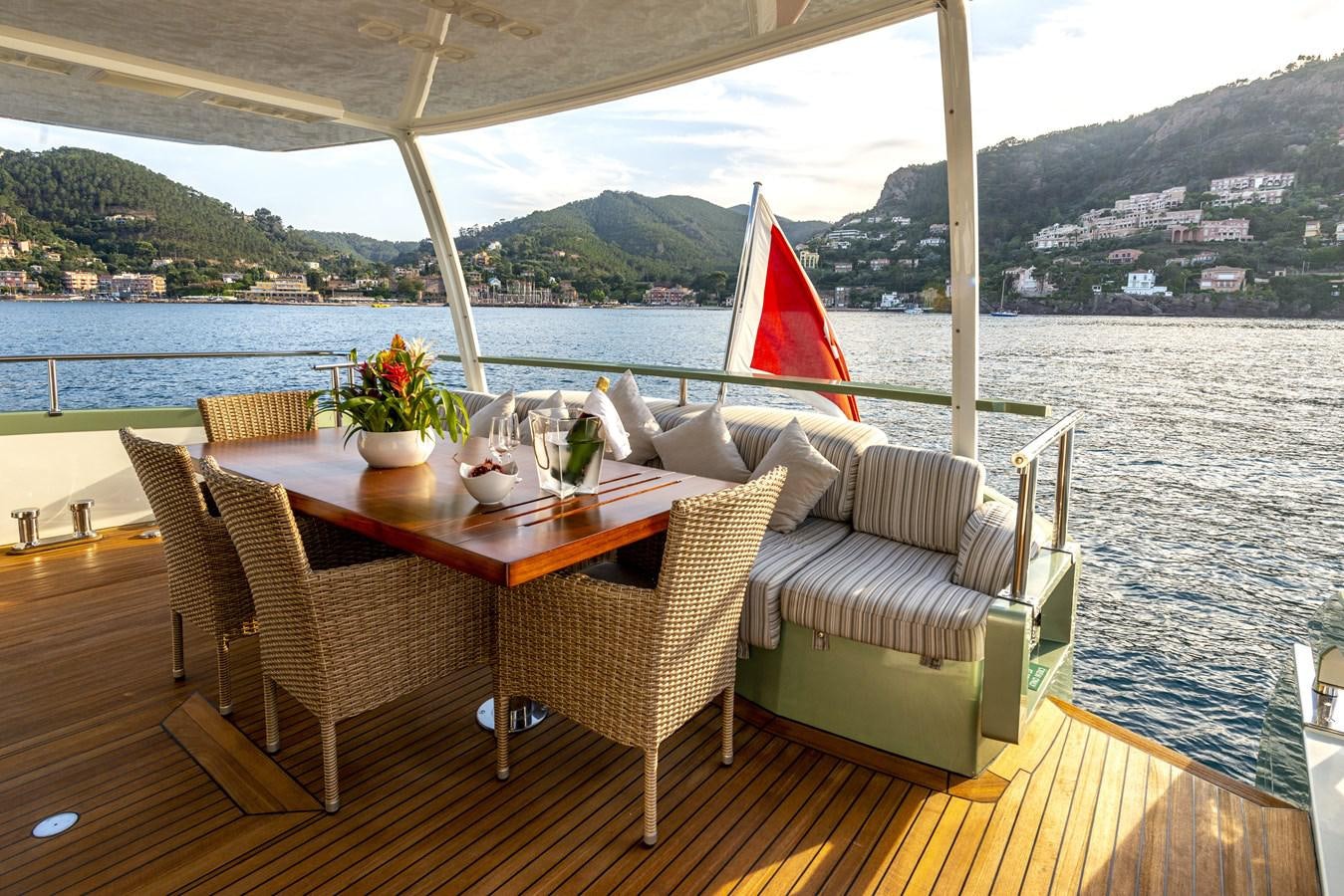 a table with chairs and umbrellas on it by a body of water aboard MANATEA Yacht for Sale