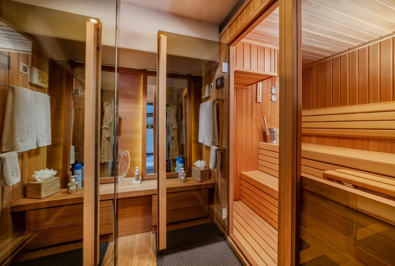 a bathroom with a shower aboard JOY ME Yacht for Sale