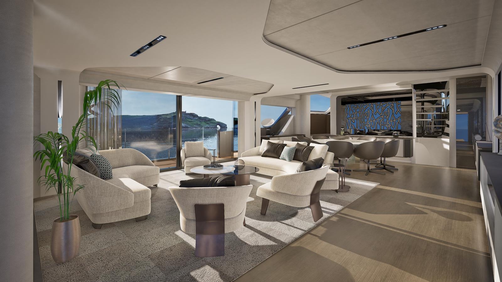 a living room with a large window aboard ISA VIPER 120 Yacht for Sale