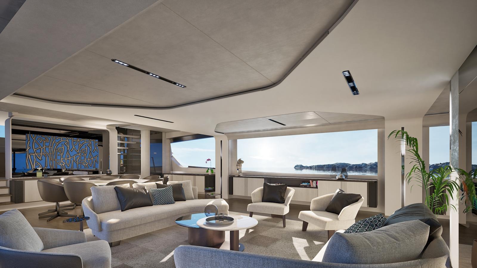 a living room with a large window aboard ISA VIPER 120 Yacht for Sale