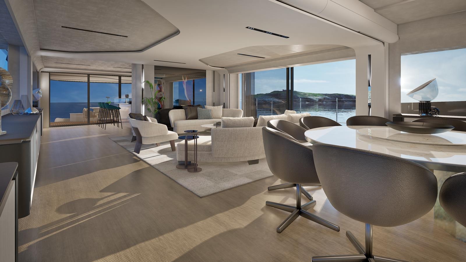 a room with a large window and a large white sofa aboard ISA VIPER 120 Yacht for Sale