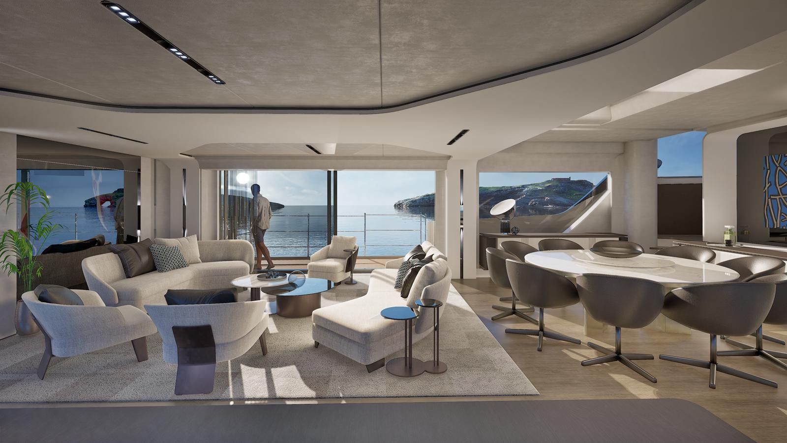 a room with a large window and a table with chairs and a view of the ocean aboard ISA VIPER 120 Yacht for Sale