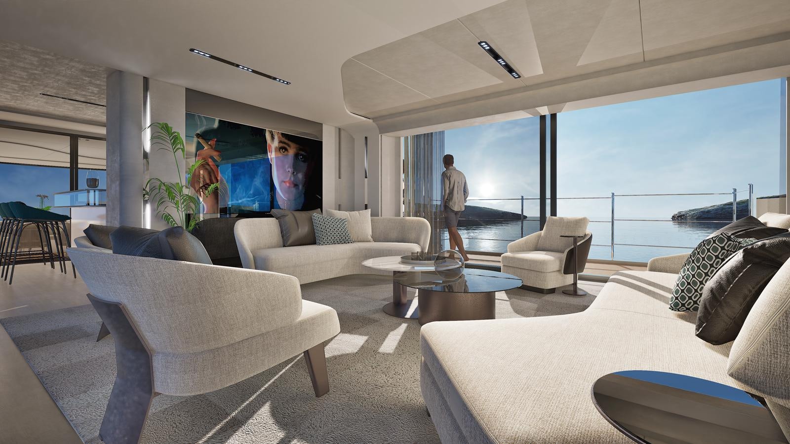 a person standing in a living room aboard ISA VIPER 120 Yacht for Sale