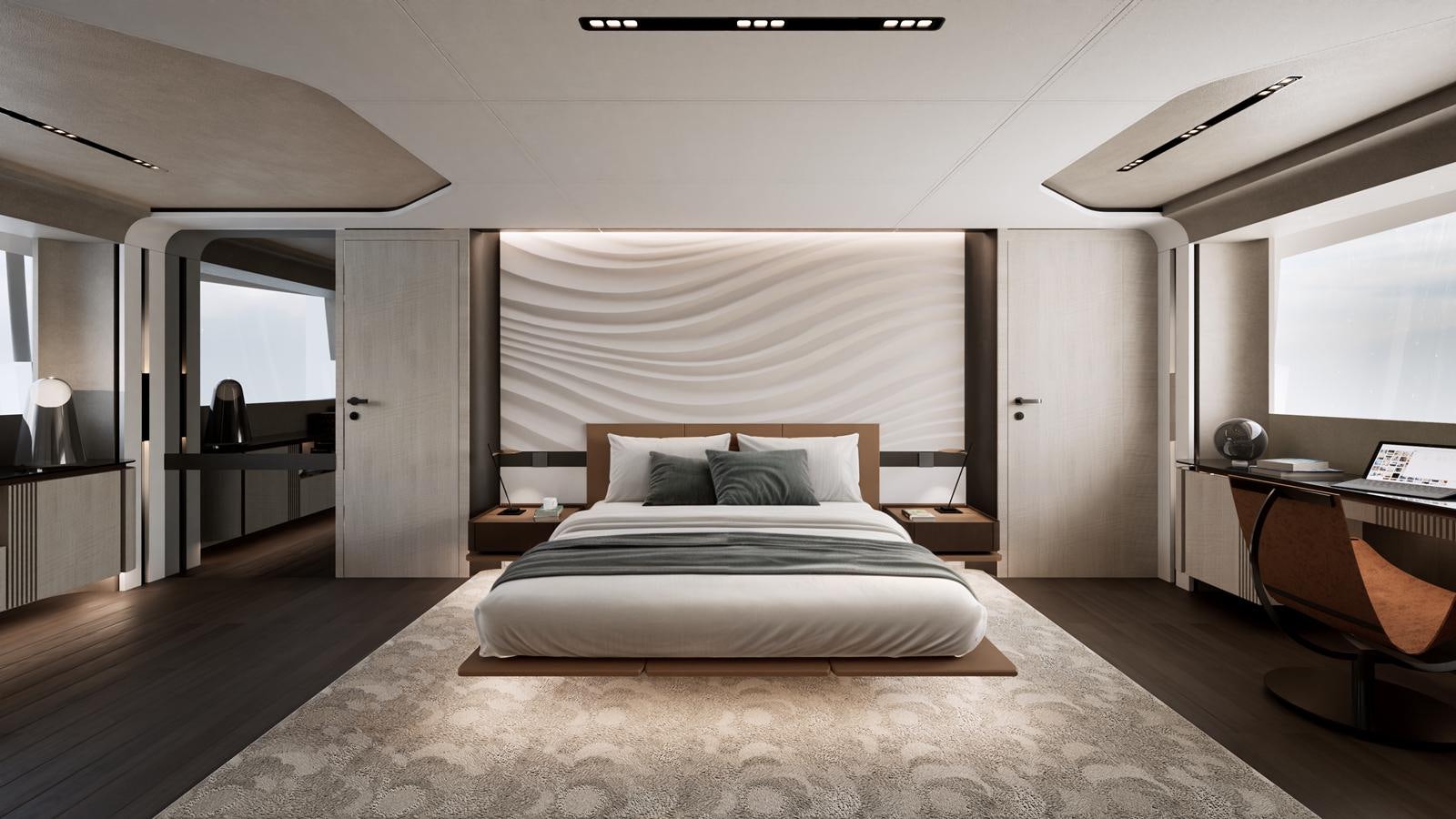 a large bed in a room aboard ISA VIPER 120 Yacht for Sale