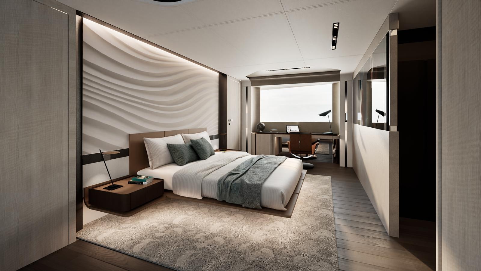 a bedroom with a bed and a desk aboard ISA VIPER 120 Yacht for Sale