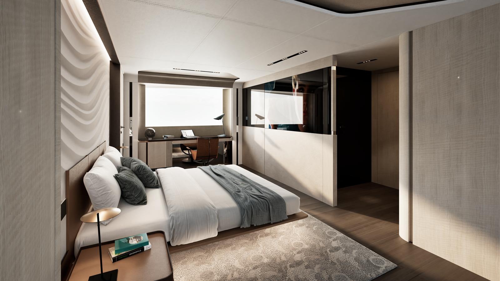 a bedroom with a bed and a desk aboard ISA VIPER 120 Yacht for Sale