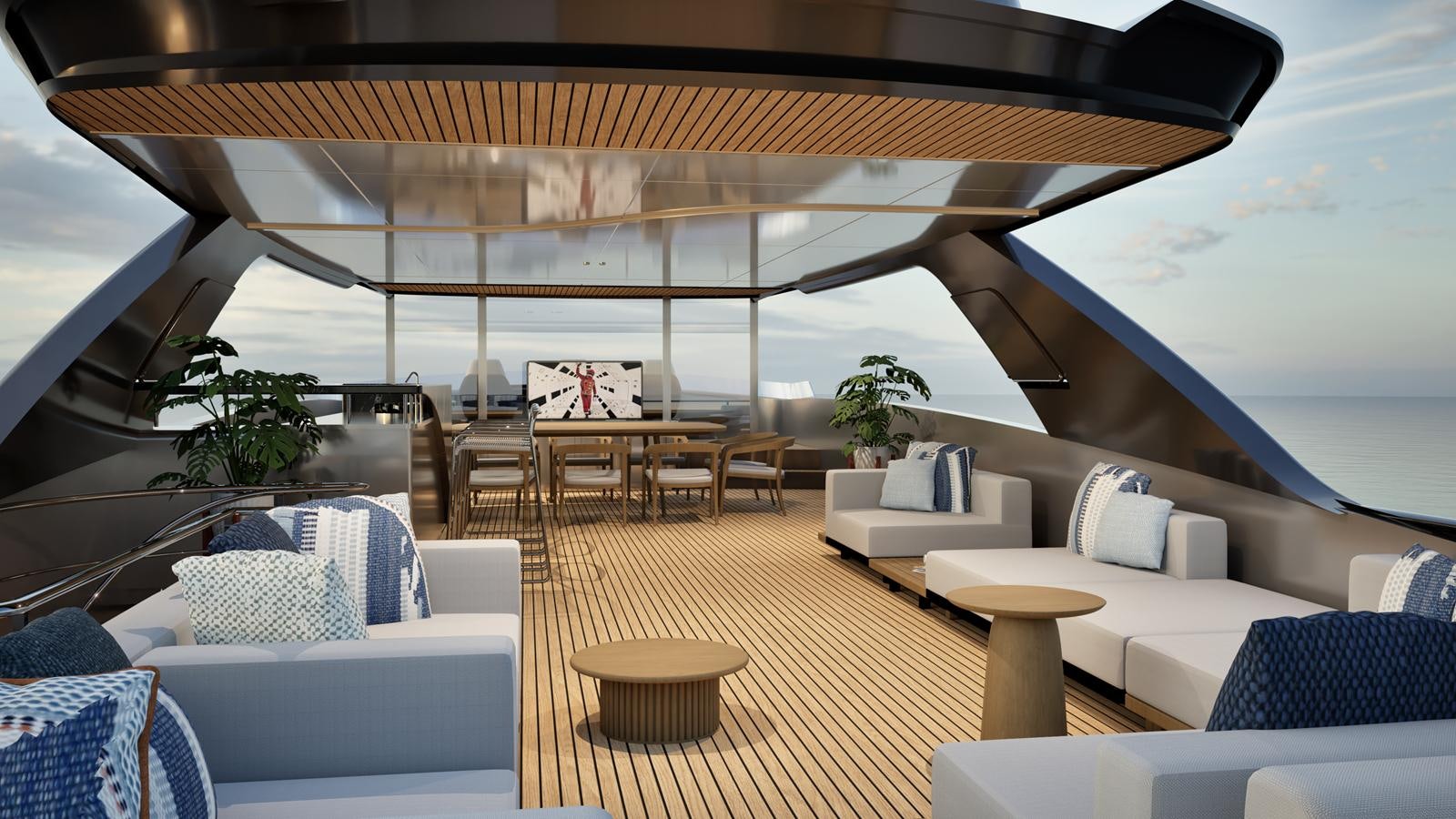 a lounge area with a patio and a large umbrella aboard ISA VIPER 120 Yacht for Sale