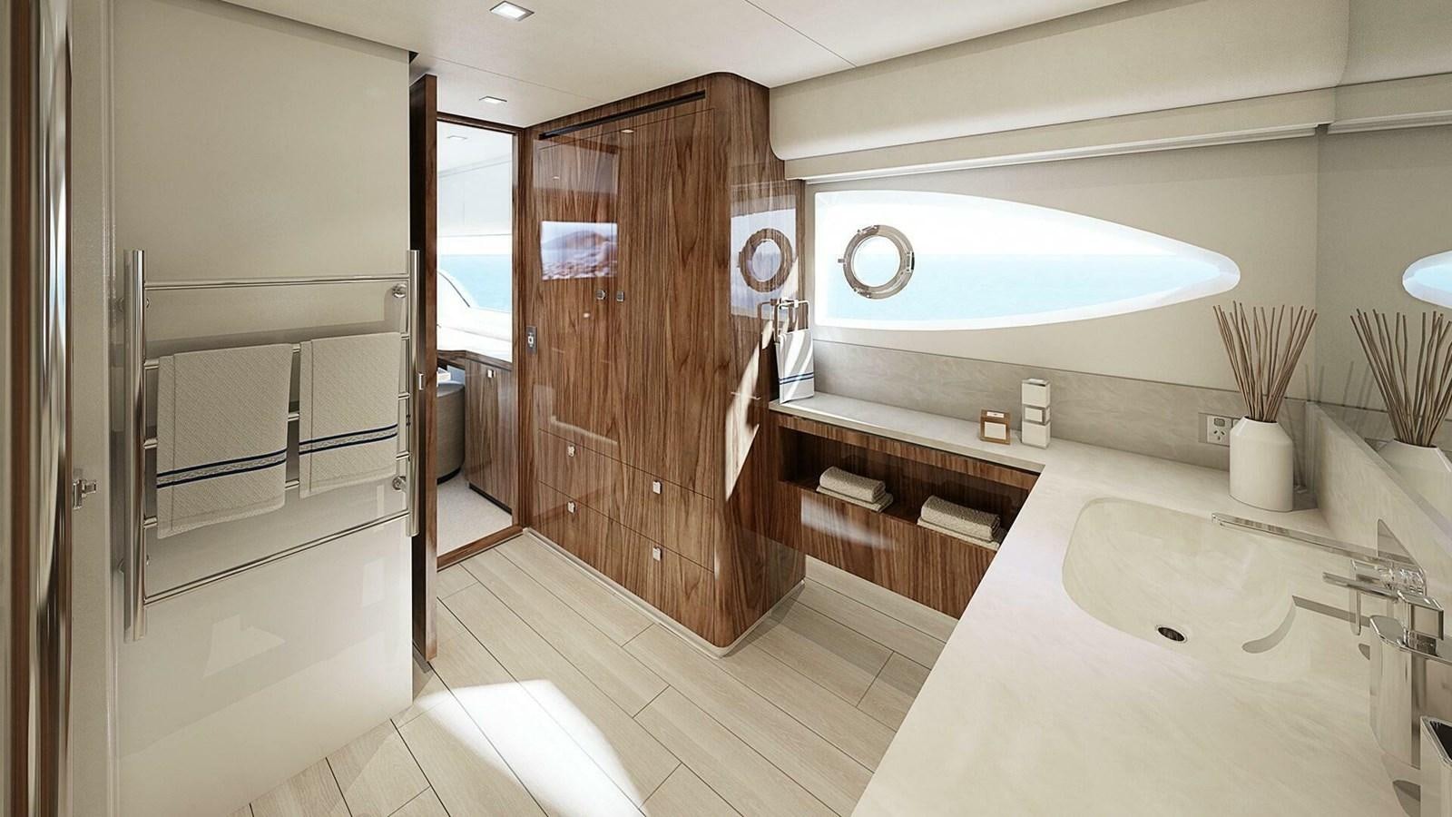 a bathroom with a sink and a mirror aboard 6800 SPORT  PLATINUM Yacht for Sale