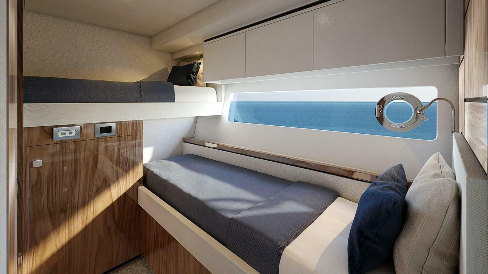 a room with a bed and a window aboard 6800 SPORT  PLATINUM Yacht for Sale