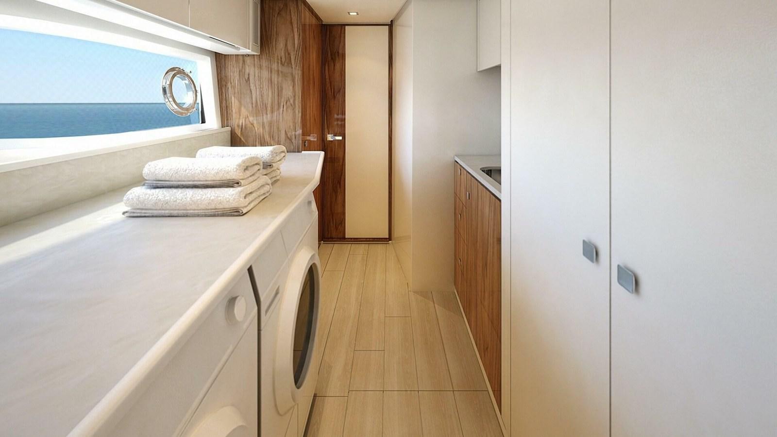 a kitchen with a washing machine aboard 6800 SPORT  PLATINUM Yacht for Sale