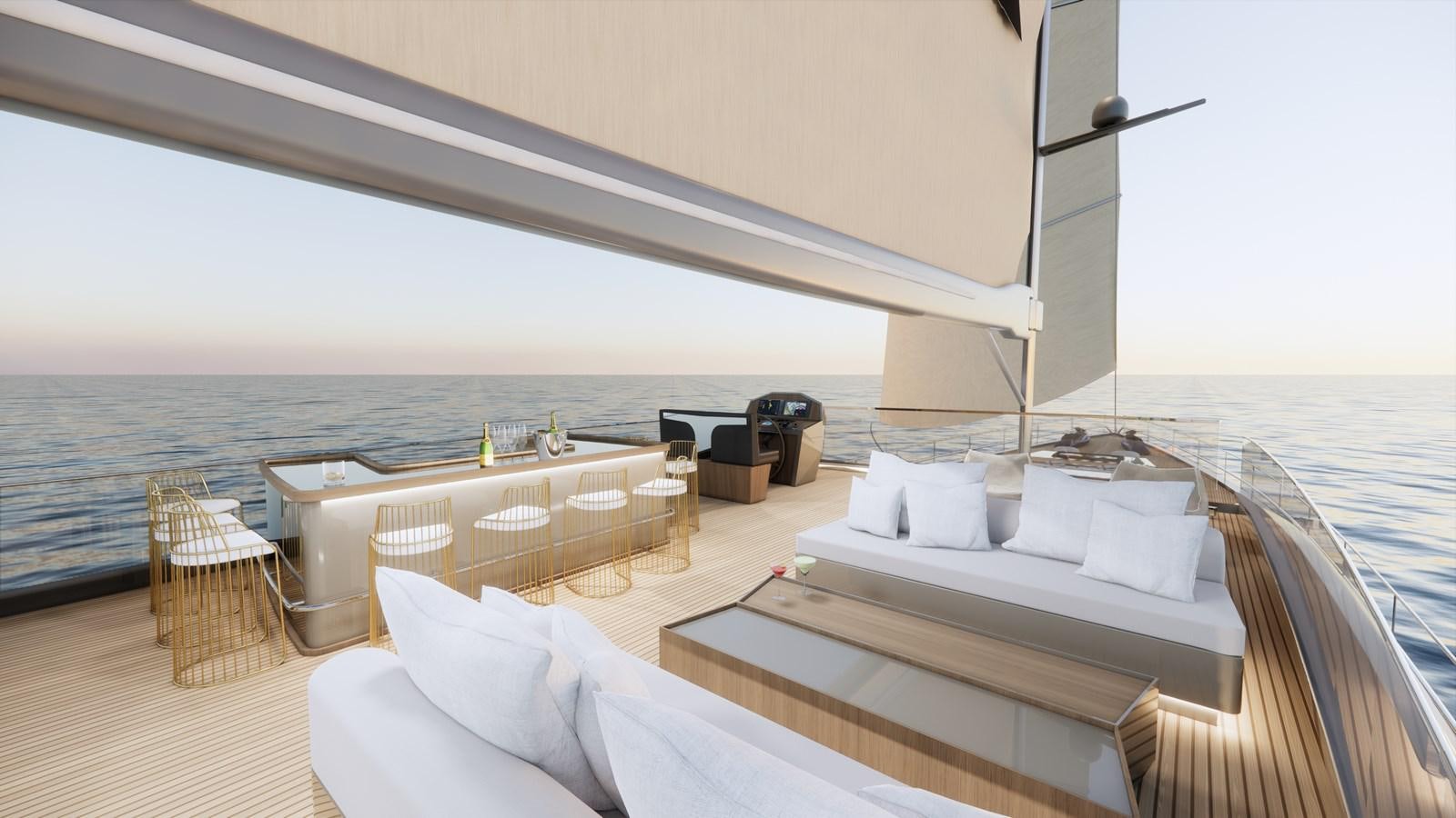 a room with a bed and a table and chairs on the deck aboard BOA KINGDOM Yacht for Sale