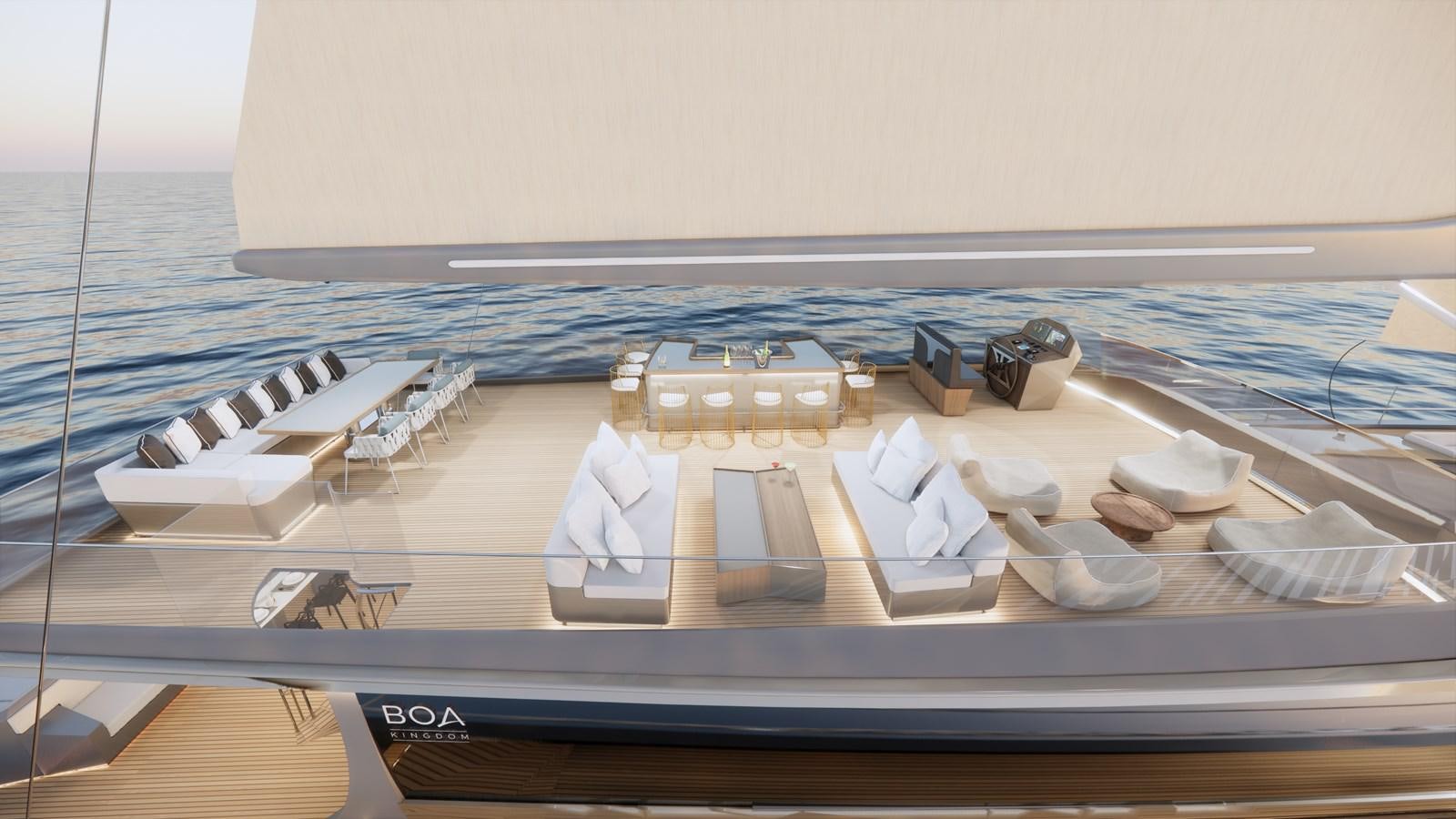a large pool with a deck and chairs on it aboard BOA KINGDOM Yacht for Sale