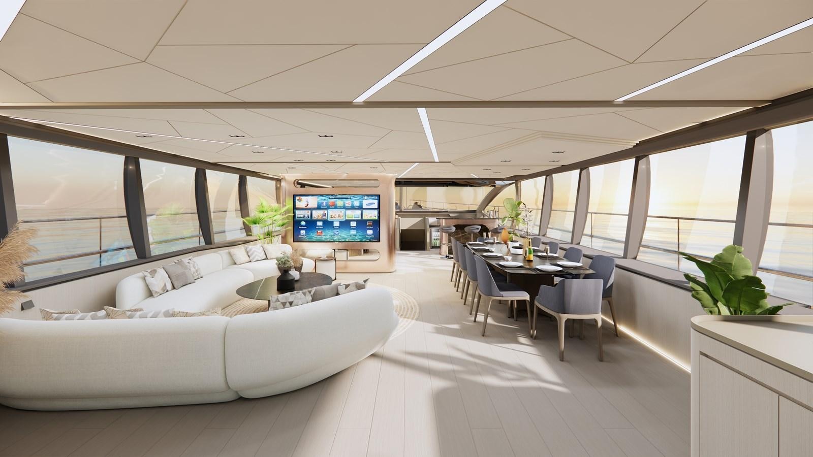 a room with a couch and a table and a tv aboard BOA KINGDOM Yacht for Sale