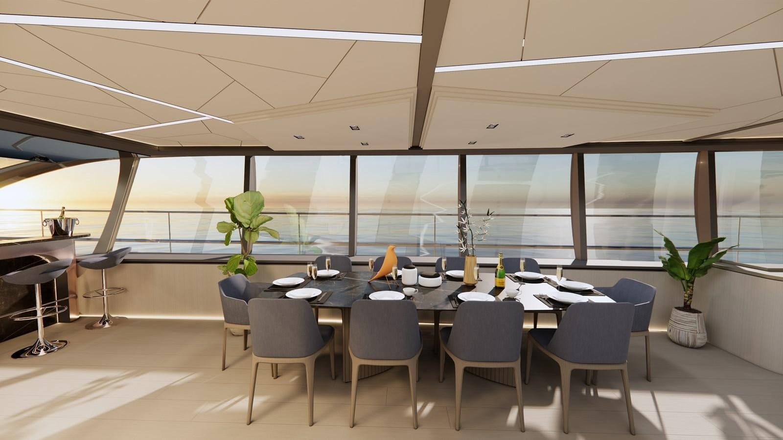 a large room with a table and chairs and plants aboard BOA KINGDOM Yacht for Sale