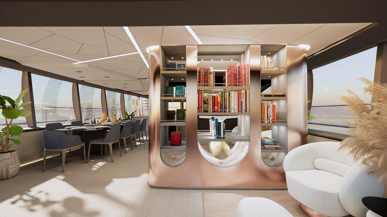 a room with a bookshelf and a table with chairs aboard BOA KINGDOM Yacht for Sale