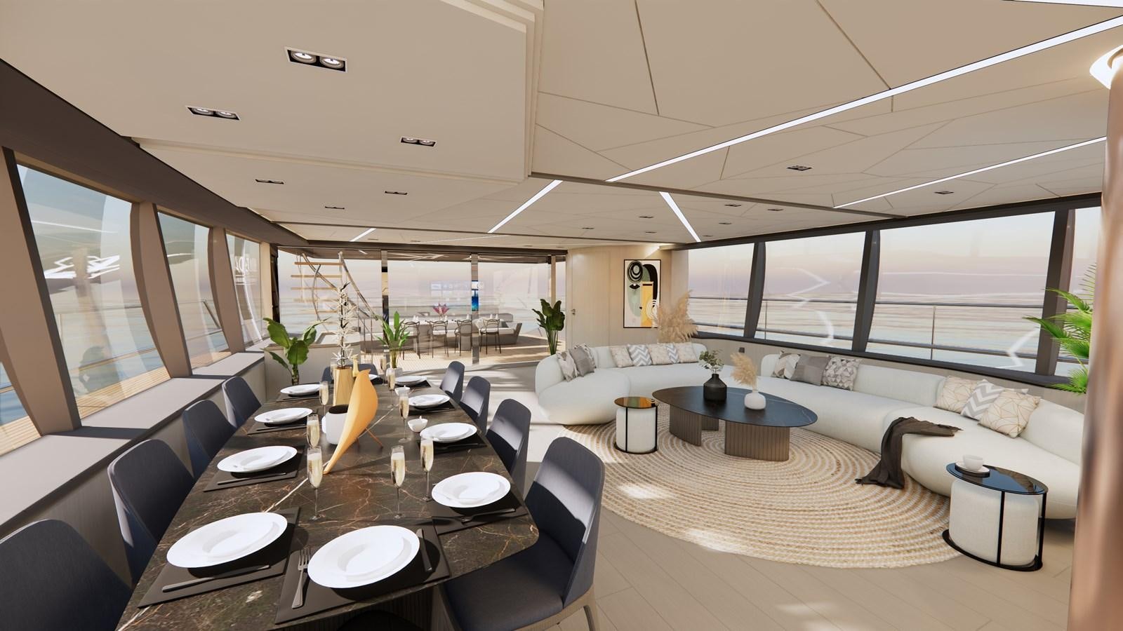 a large room with a table and chairs aboard BOA KINGDOM Yacht for Sale