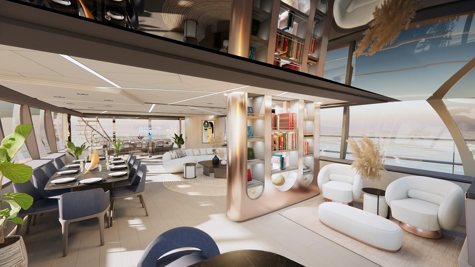 a room with a table chairs and a shelf with books on it aboard BOA KINGDOM Yacht for Sale