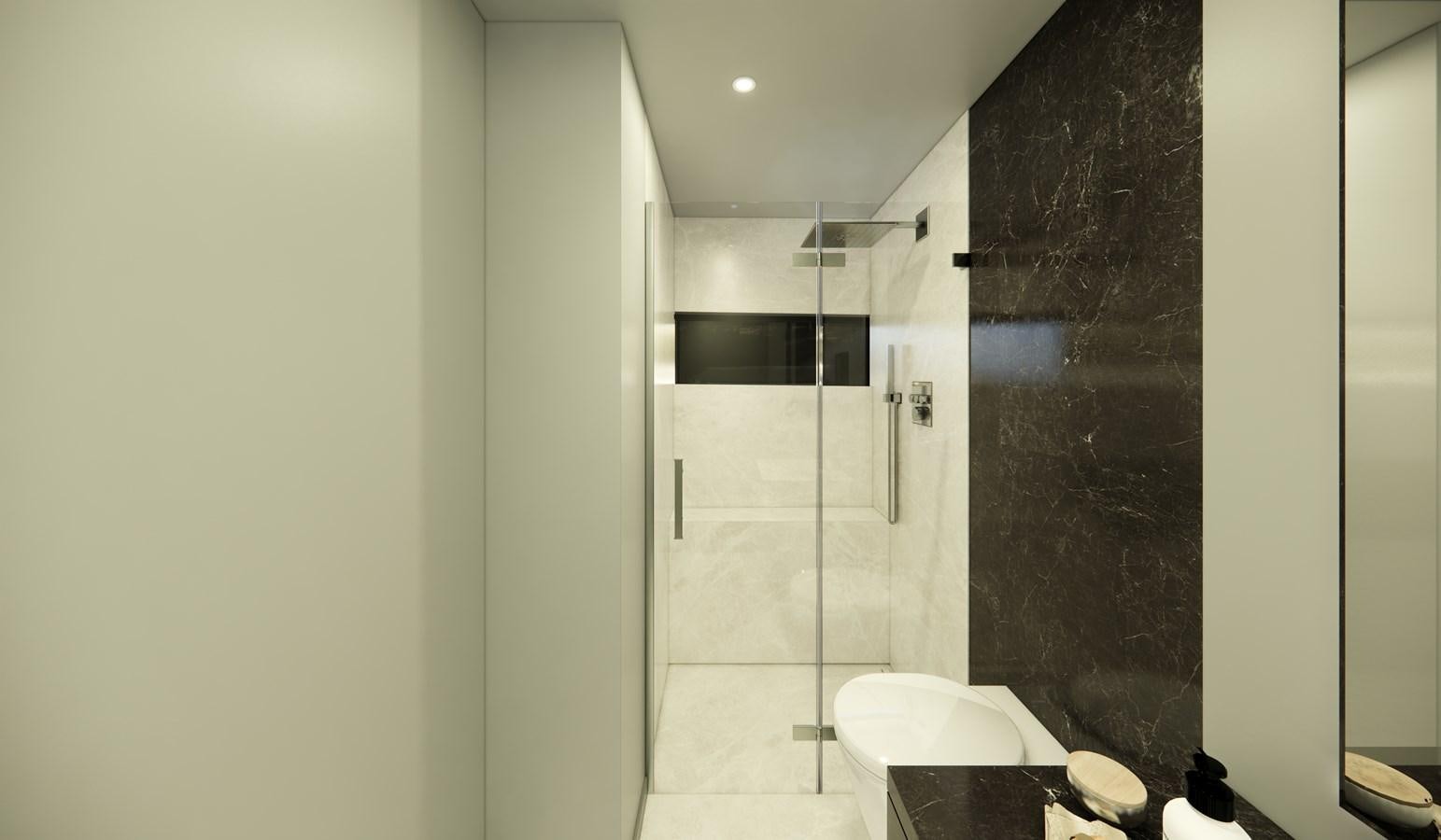 a bathroom with a glass shower aboard BOA KINGDOM Yacht for Sale