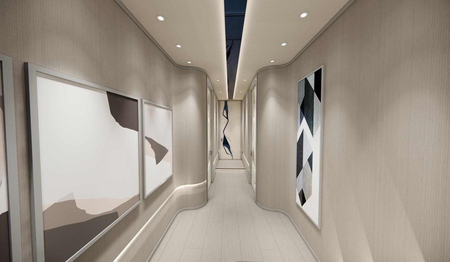 a hallway with white walls aboard BOA KINGDOM Yacht for Sale
