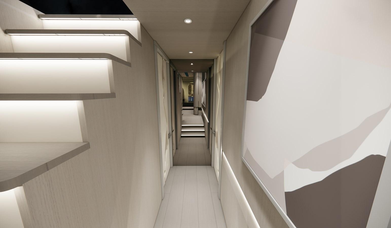 a hallway with white walls aboard BOA KINGDOM Yacht for Sale