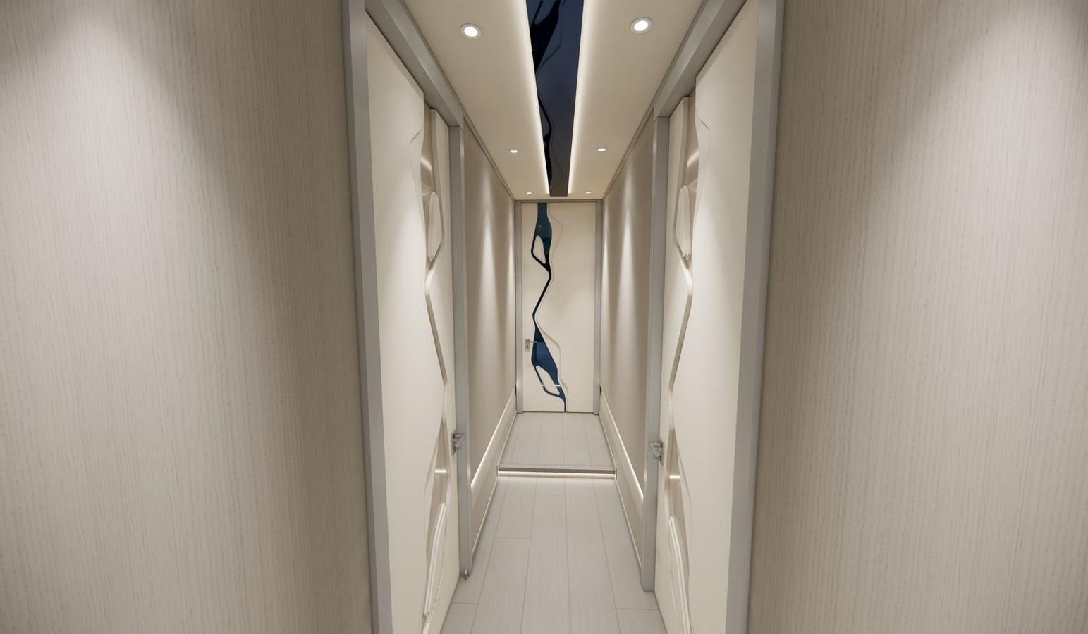 a hallway with white walls aboard BOA KINGDOM Yacht for Sale