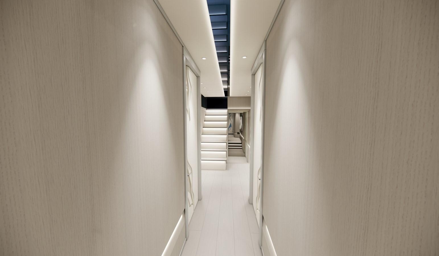 a hallway with white walls aboard BOA KINGDOM Yacht for Sale
